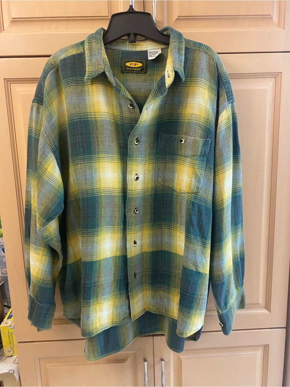 Vintage Free People Green and Yellow Plaid grunge 90s boxy relaxed